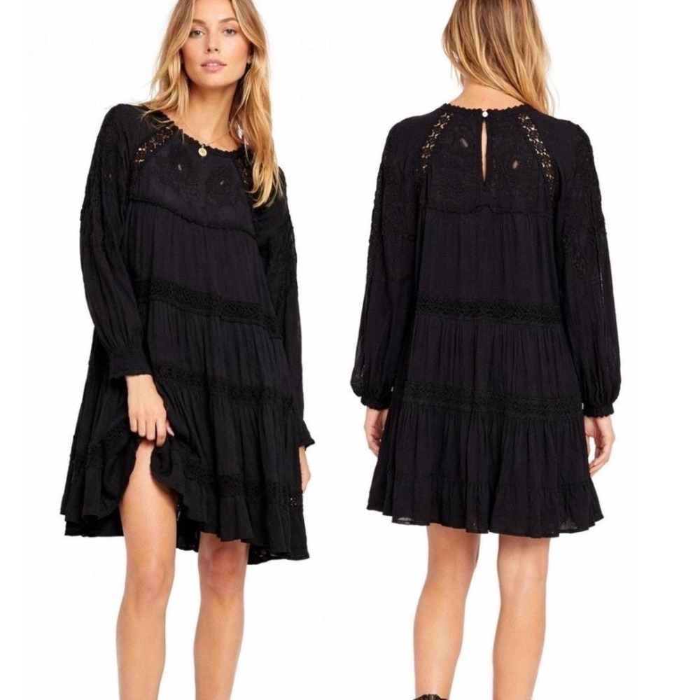 Free People Black Embroidered Lace Tiered Mini Dress Boho Long Sleeve OB511267